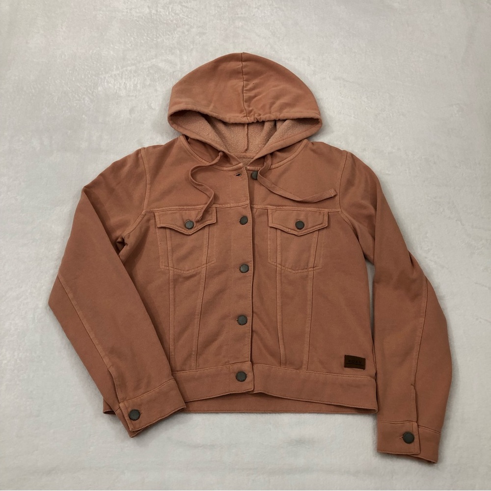 Roxy Snowboards Peach Pink Pocket Front Snap Button Up Hooded Jacket Womens XS.